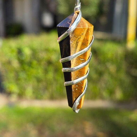 Tiger's Eye Crystal Point Wire Wrapped Pendant - Picture 3 of 5